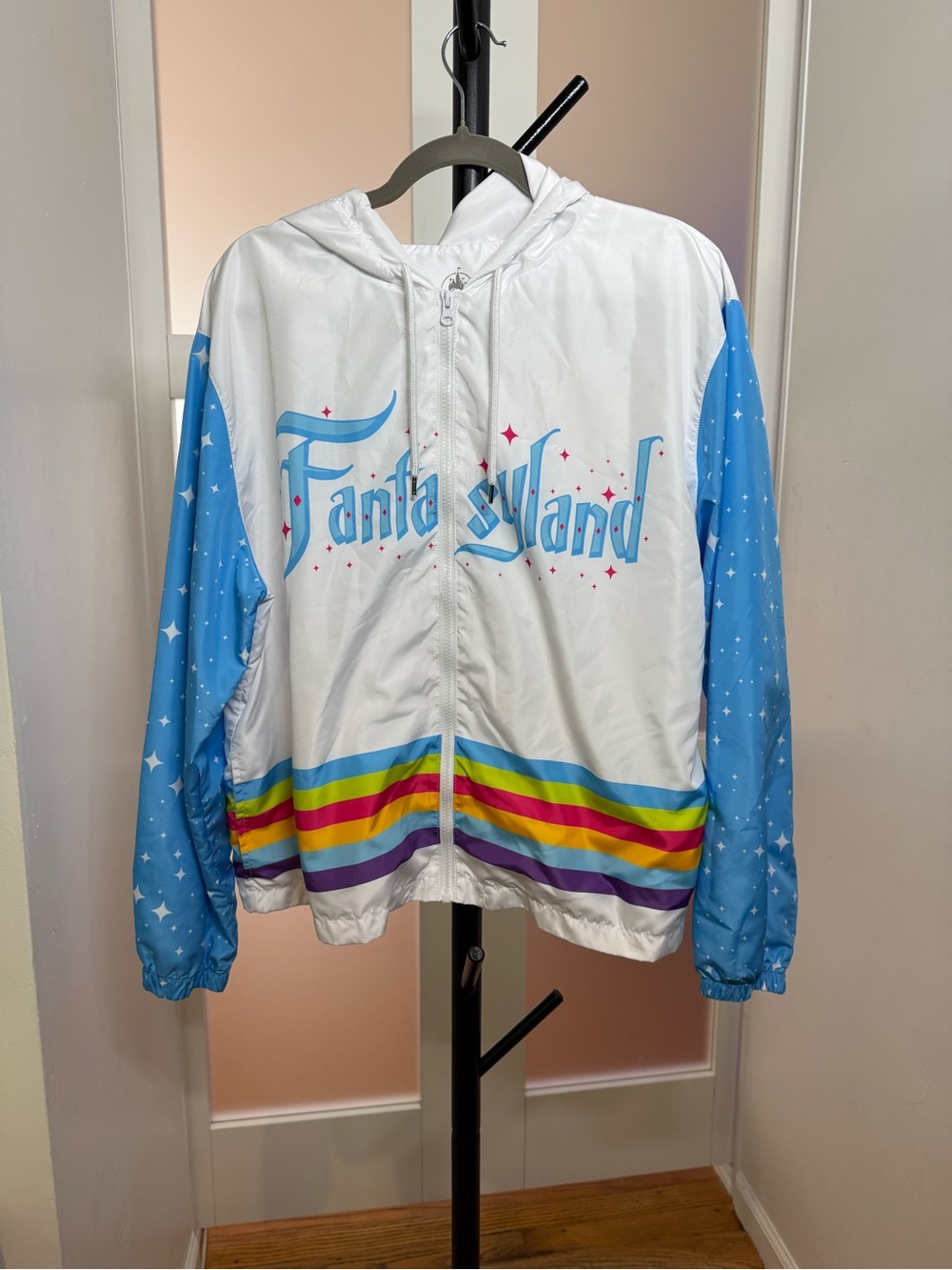 Disney White & Blue 'Fantasyland' Hooded Windbreaker with Rainbow Trim, size XL